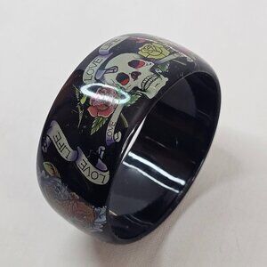Vintage Black Acrylic Bracelet Love Life Rose Skull Bangle